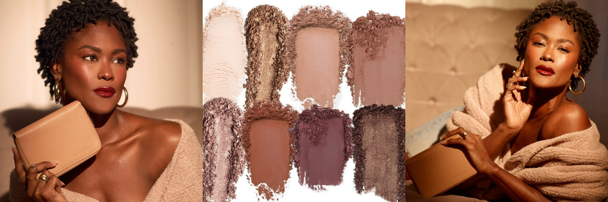 House of Marsté L'Essence warm-tone eyeshadow palette with models and shade swatches