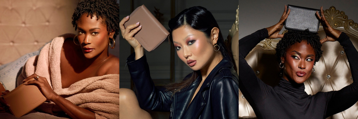 Models holding the House of Marsté L'Essence, Le Minimaliste, and Le Mirage eyeshadow palettes